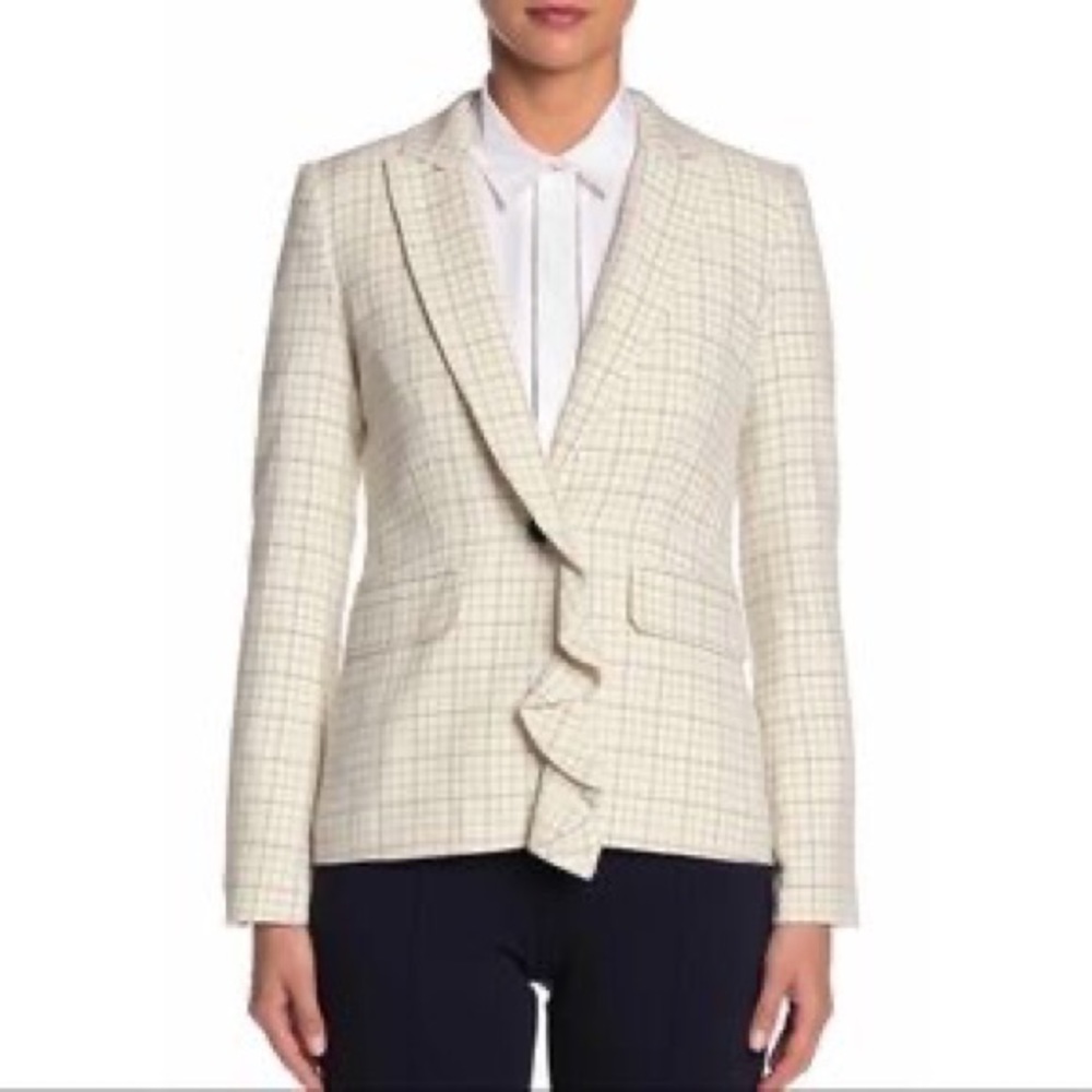 JOIE Villete Womens Blazer Size 6 Cream Black Tan Ruffle Windowpane Check Jacket